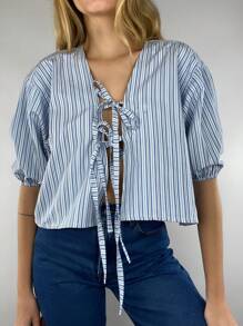 INAWLY Áo sơ mi nữ sọc in đơn giản hàng ngày - Màu xanh lam - Xem 3