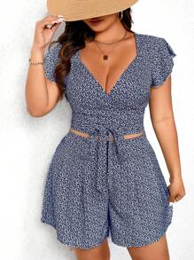 SHEIN LUNE Plus Size Kỳ Nghỉ Thường Ngày Ngắn Tay In Hoa Áo Crop Top Và Quần Short - Màu xanh hải quân - Xem 1