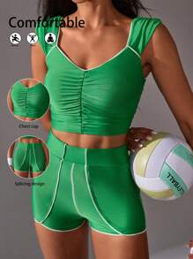 VARSITIE Sports Summer Surfing Basic Chest Cup & Ruched With TANK TOP AND SHORTS SET - Green - View 5