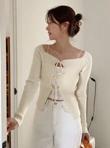 DAZY 女士纯色系带方领长袖开衫，秋季服装 - 杏色 - 查看 4