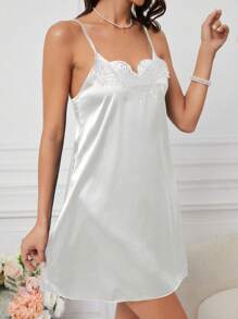 Conjunto de camisón y bata de dormir con encaje blanco en tono sexy - Blanco - Ver 3
