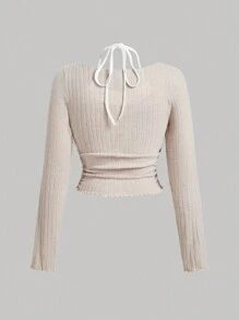 SHEIN MOD 大碼春季淺卡其和白色雙色萵苣邊平口掏背二合一T恤，可綁帶 - 駝色 - 查看 2