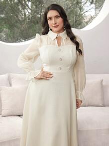 Modelyn Đầm tay phồng màu trơn cỡ lớn thanh lịch, Xuân/Hè - Màu be - Xem 9