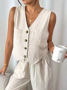 SHEIN Frenchy 纽扣前口袋贴布衬衫亚麻面料背心秋季女装老款风格教师服装商务女装教师衬衫 V 领背心亚麻面料通勤简约办公室老款简约 - 杏色 - 查看 3