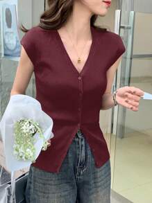 DAZY 商务休闲纯色修身无袖 V 领女式针织毛衣夏季，返校服装 - 紅色 - 查看 3