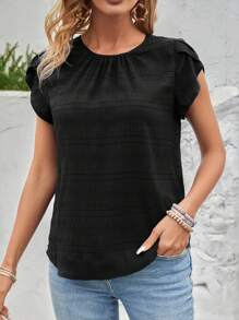 EMERY ROSE Solid Color Petal Sleeve Back Keyhole Blouse - Black - View 4
