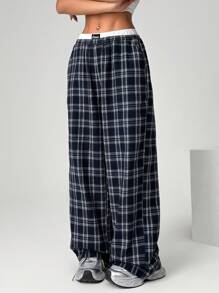 SHEIN EZwear Pantalones anchos y sueltos de mujer talla grande con bloqueo de color en la cintura y estampado a cuadros