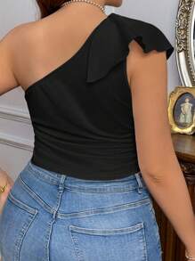 SHEIN Privé Plus Size Elegant Vacation Ruffle Trimmed Decor Strapless Top For Women, Spring/Summer - Black - View 2