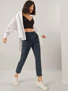 EURMUSE 休闲抽绳腰部锥形牛仔裤，具有水洗效果 - 灰色 - 查看 7