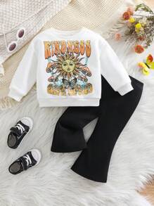 SHEIN Leap Crew 寶貝女孩可愛卡通印花長袖運動衫和鬆緊腰喇叭褲套裝，適用於秋冬季節 - 彩色 - 查看 1