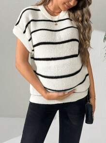 SHEIN 孕妇条纹圆领蝙蝠袖毛衣，孕妇日常休闲装 - 黑與白 - 查看 1
