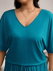 EMERY ROSE Plus Size Spring/Summer Casual Solid Color Batwing Sleeve Loose Fit T-Shirt And Long Pants Set - Blue - View 3