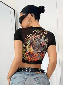 SHEIN ICON 纯色短袖 Y2K 返校季女款黑色中国龙印花 T 恤 - 黑色 - 查看 4