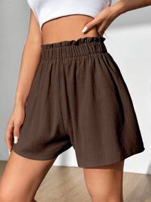 Sunnyshic Dames effen kleur eenvoudige dagelijkse hoge taille bruine short met ruches