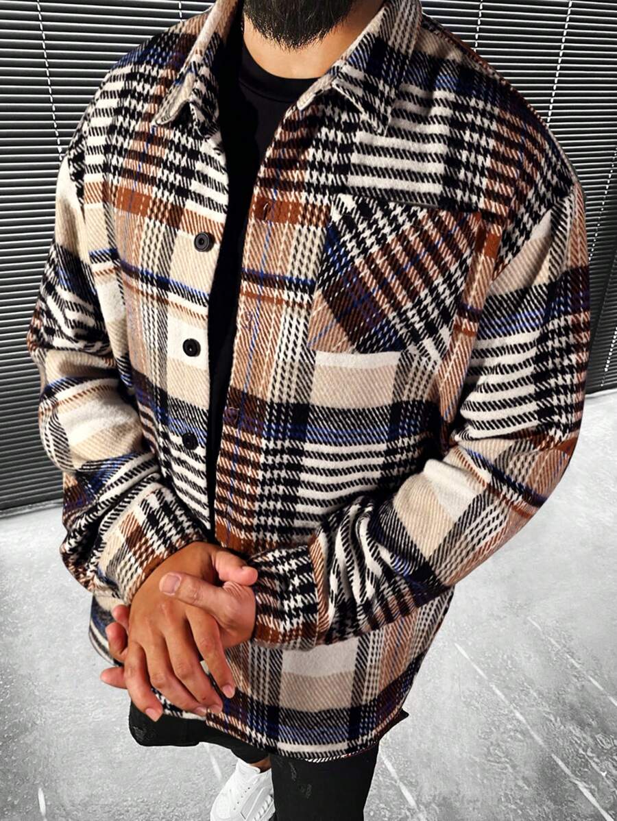 Manfinity Homme Men's Plus Size Casual Single-Breasted Plaid Striped Long Sleeve Shacket With Pockets, Men Plaid Jacket, Men Plaid Shacket, Men Plaid Overshirt - Khaki - View 1