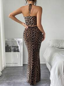 Breezaya Summer Sexy Leopard Print V-Neck Cross Twist Knot Slit Top And Fish Tail Skirt Set With Halter - Multicolor - View 2