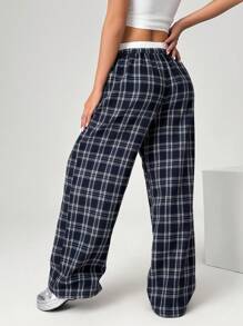 SHEIN EZwear Pantalones anchos y sueltos de mujer talla grande con bloqueo de color en la cintura y estampado a cuadros