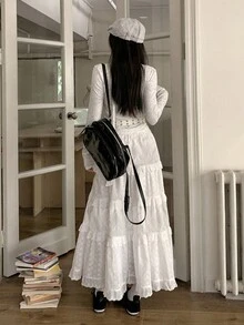 拼湊切割刺繡裙子，配以荷葉邊裝飾 - 白色 - 查看 2