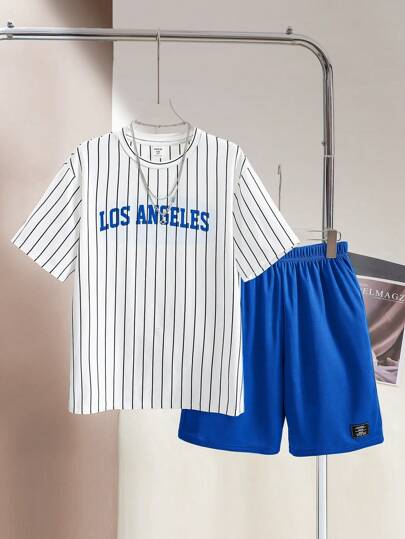 SHEIN 青少年男孩休閒街頭服裝，字母印花條紋圓領短袖T恤和純色針織短褲套裝，2件裝