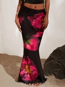 Opulessa Women's Slim Fit Half-Body Skirt, Featuring Large Floral All-Over Print, Suitable For Casual Vacation - Black - View 5