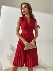 SHEIN Clasi Notched Neck Pleated Hem Dress - Red - View 4