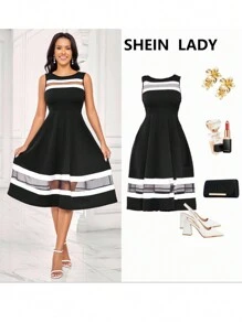SHEIN Lady Women's Sleeveless Black And White  Color Block A-Line Dress Women Vintage Clothes Teacher Dress   Women Dresses - Multicolor - View 7