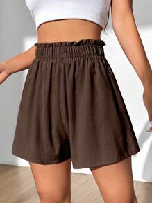 Sunnyshic Dames effen kleur eenvoudige dagelijkse hoge taille bruine short met ruches