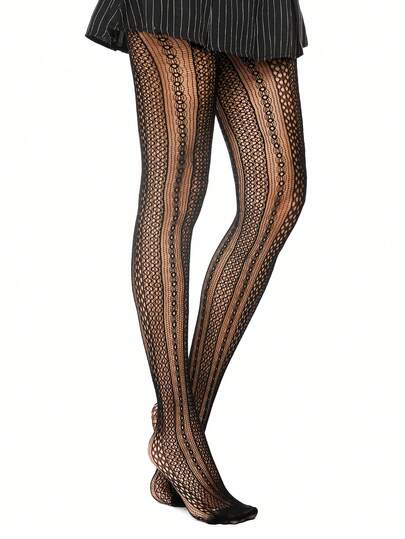 Fairycore 1pair Women's Black Gothic Wide Striped Circle Patterned Hollow Net Fishnet Stockings, All Seasons