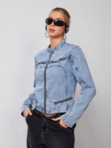SHEIN EZwear 女士拉链洗水牛仔夹克 - 藍色 - 查看 4