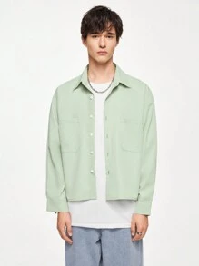 Chillumni Men's Solid Color Button-Down Collar Pocketed Long Sleeve Casual Top, Daily Leisure - Green - View 3