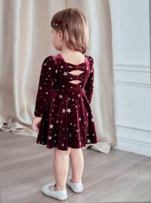 SHEIN 女婴圣诞红丝绒星形镂空优雅长袖连衣裙，秋冬季，适合派对、生日、聚会 - 酒紅色 - 查看 8