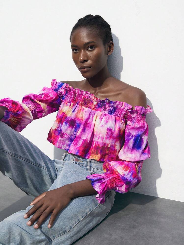 SHEIN Maija 여성용 오프숄더 프릴 장식 꽃무늬 크롭 블라우스, 캐주얼 휴가용