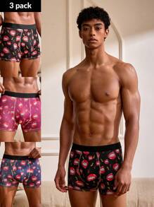 3pcs Men's Lips & Lightning Printed Boxer Briefs Set - Multicolor - View 1
