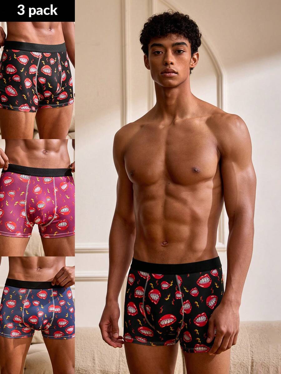 3pcs Men's Lips & Lightning Printed Boxer Briefs Set - Multicolor - View 1