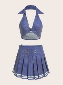 SHEIN X KeniaOs SHEIN ICON Striped Print Backless Halter Top & Pleated Skirt - Blue - View 5