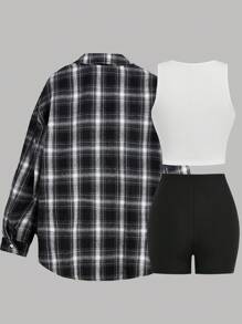 SHEIN Girlism Tween Girl 3pcs/Set Plaid Long Sleeve Shirt, White Cropped Tank Top And Riding Shorts, Casual School Style, Fall Outfit - Black - View 2