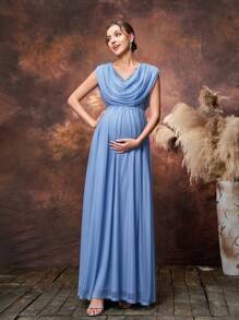 Faeriesty Dressalisa Maternity Draped Neckline Contrast Sequin Formal Party Dress - Blue - View 3