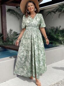 Celure Plus Size Holiday Casual Allover Print Long Dresses With Cinched Waist - Green - View 7
