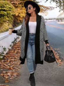 SHEIN LUNE Plus Size Women's V-Neck Solid Long Sweater Dress Business Casual Woman, Holiday Outfits, Country Tops - Black and White - View 4