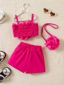 SHEIN Playful Pals 3入組嬰兒女童春夏裝，熱粉色花卉印花上衣搭配斜挎包和短褲，可愛優雅，適合日常休閒穿著 - 玫瑰紅 - 查看 2