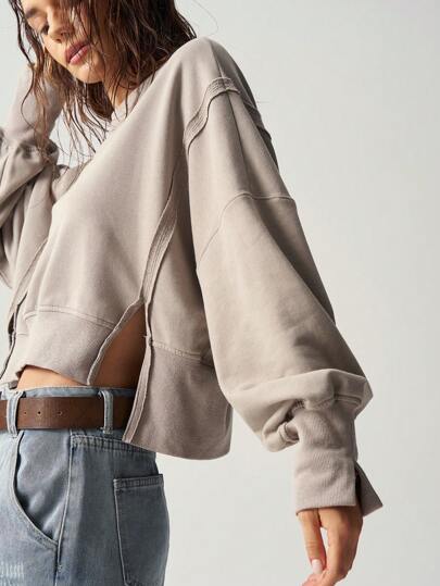 Bohemela Sudadera corta con abertura lateral de unicolor para vacaciones y uso casual, blusas de manga larga en otoño/invierno para mujeres