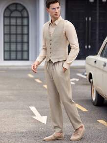 Manfinity VCAY Men's 2pcs Woven Business Casual Suit With Vest And Long Straight-Legged Pants, Spring/Summer - Khaki - View 2
