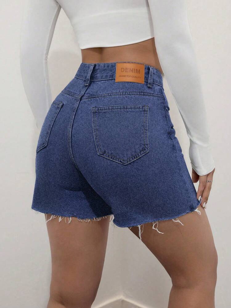 Solid Color Crossed Waist Frayed Edge Denim Shorts, Summer Casual
