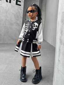 SHEIN Young Girl 2pcs Halloween Outfit , Skull Print Baseball Jacket And Pleated Color Block Mini Skirt Suit, Suitable For Costume Play - Black - View 5