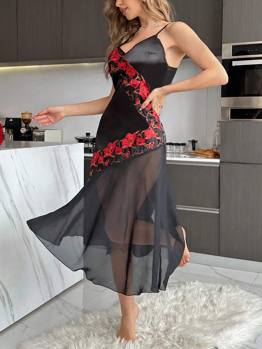 Chắp vá Thêu Lưới Cổ Chữ V Sâu Gợi Cảm Xoay Viền Cami Đầm Ngủ Pyjama Đầm Áo Dài - màu đen - Xem 1