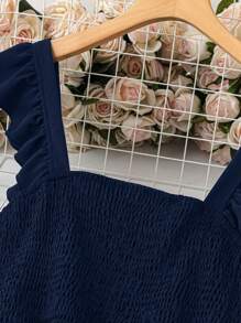 SHEIN Clasi Vestido veraniego casual en unicolor vintage con ribete de volantes para tallas grandes - Azul Marino - Ver 6