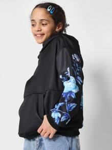 SUMWON Classic Floral Print Hoodie Sweatshirt Drawstring Fall Winter Wear Pullover Blue Blossom Pattern Streetwear Casual Daily Wear - Black - View 3