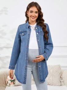 SHEIN Maternity Front Button Denim Jacket With Fake Pockets, Long Sleeve, Casual Wear