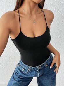 SHEIN Unity Women's Solid Color Simple Daily Cross Strap Backless Bodysuit - Black - View 7