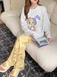 DAZY Cute Cartoon Pattern Printed Round Neck Long Sleeve Top And Pants Set - Yellow - View 6